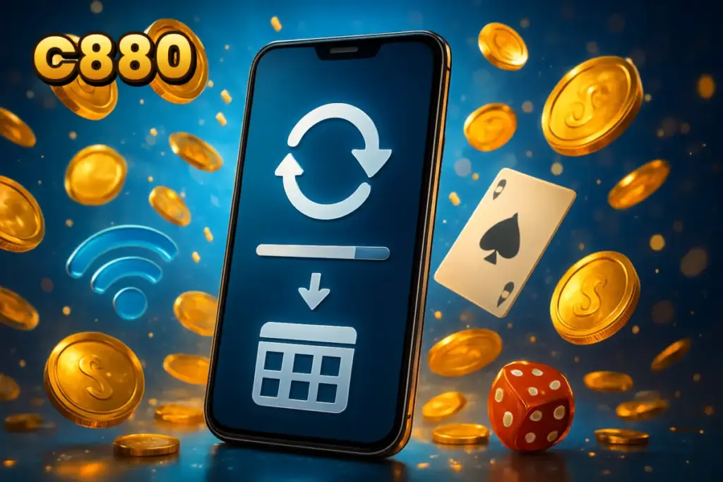 C880 phone with a progress bar, refresh arrow and Wi-Fi symbol how the latest app version installs