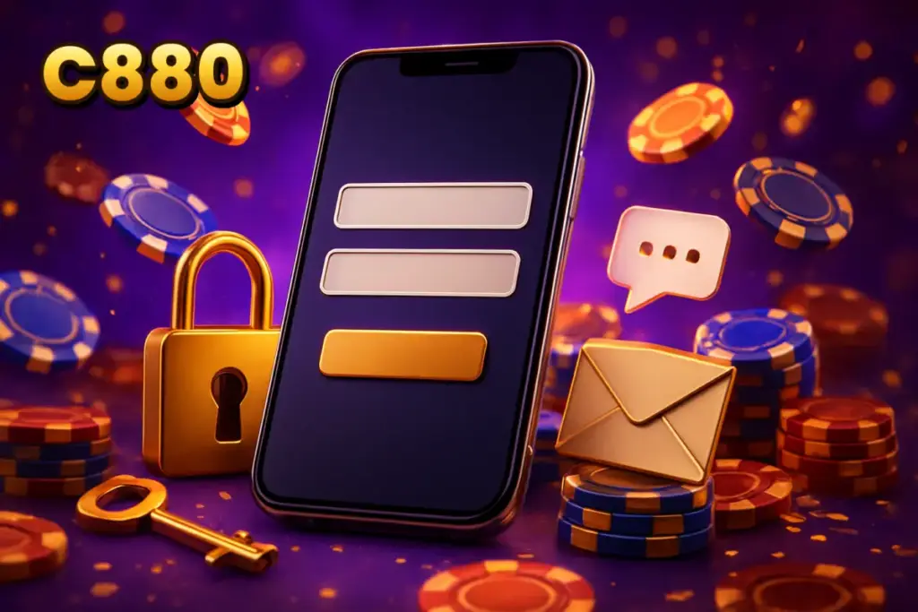 C880 login form on a phone with a padlock, key and reset arrow password recovery steps