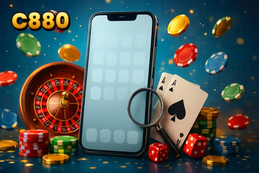 C880 phone home screen with a magnifying glass, roulette wheel and playing cards