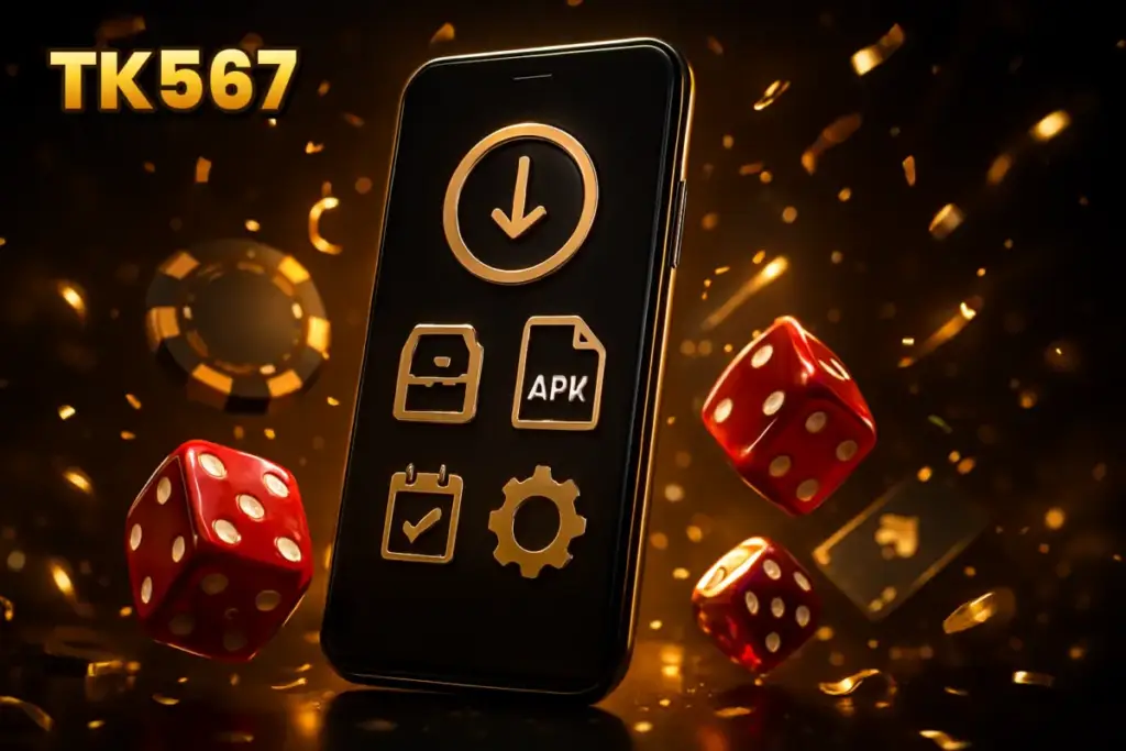 APKKHOJ (TK567 APK Download) – TK567 app update on an Android phone with download progress ring and APK file box