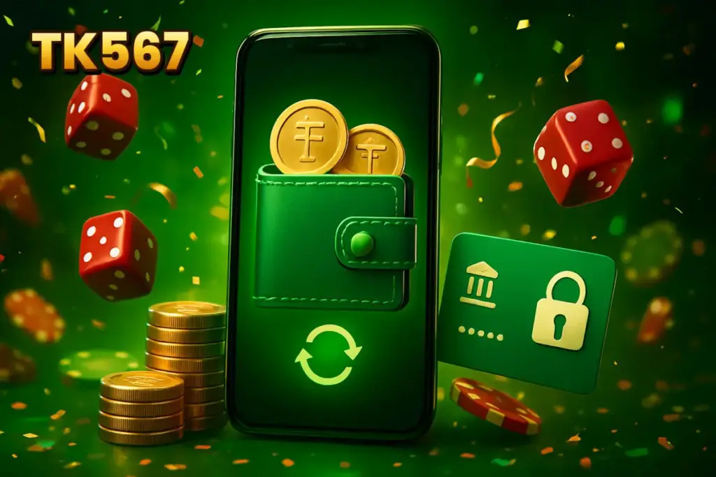 APKKHOJ (TK567 APK) – TK567 in-app wallet on a phone with coins, card and padlock, deposit and withdrawal payment options