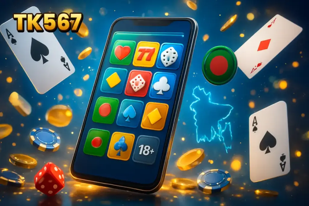 APKKHOJ (TK567 APK) – TK567 game lobby on a smartphone with a Bangladesh map outline and age-limit shield, the BD gaming