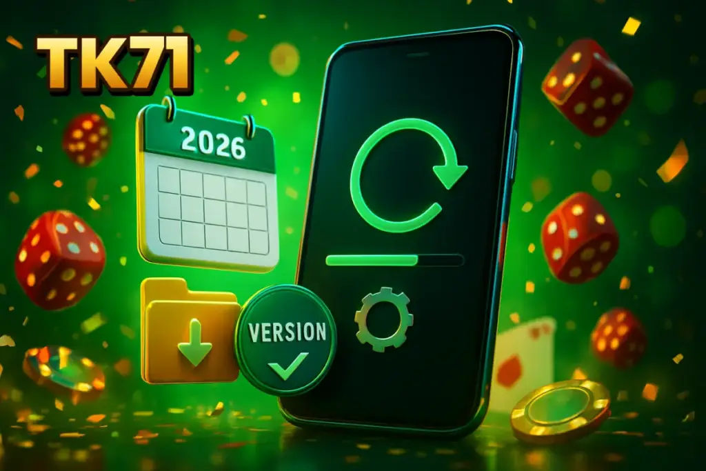 TK71 latest app version update on a phone with progress bar, download arrow and calendar for 2026